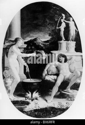 Jason, héros mythologique grec, scène, Medea le préparant un onguent protecteur, illustration du XIXe siècle, Banque D'Images