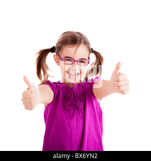 Portrait d'une belle et jeune fille confiante showing Thumbs up isolé un white Banque D'Images