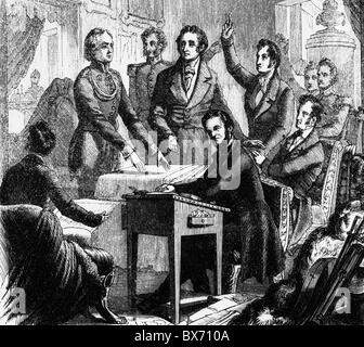 Arndt, Ernst Moritz, 26.12.1769 - 29.1.1860, auteur/écrivain allemand, photo de groupe avec Ludwig Graf Yorck (von Wartenburg), Heinrich Friedrich Karl vom und zum Stein et Theodor Schoen, gravure sur bois, XIXe siècle, Banque D'Images