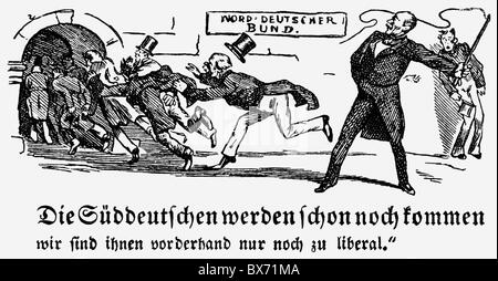 Bismarck, Otto von, 1.4.1815 - 30.7.1898, politicien allemand, Chancelier fédéral de la Confédération de l'Allemagne du Nord 1.7.1867 - 18.1.1871, caricature, "Les Allemands du Sud viendront déjà", gravure sur bois, "Figaro", Vienne, 1868, Banque D'Images