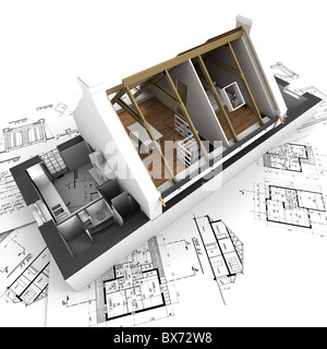 Le rendu 3D d'une maison sans toit au-dessus de plans d'architecte Banque D'Images
