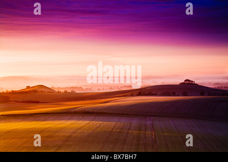 Lever du soleil l'hiver glacial de Walker's Hill sur la vallée de Pewsey dans le Wiltshire, England, UK Banque D'Images