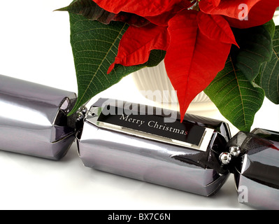 Le poinsettia et Xmas Cracker isolated over white Banque D'Images