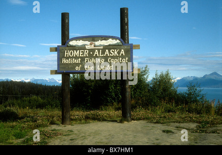 Un signe extérieur de Homer en Alaska le décrit comme 'la capitale de la pêche au flétan du monde" Banque D'Images