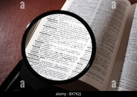 La lecture d'un dictionnaire avec une loupe pour lire la définition de "agnification', 'Agrandir' et 'agnifying glass'. Banque D'Images