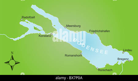 Carte stylisée du lac de Constance et ses environs montrant différentes villes. Légende allemande Banque D'Images