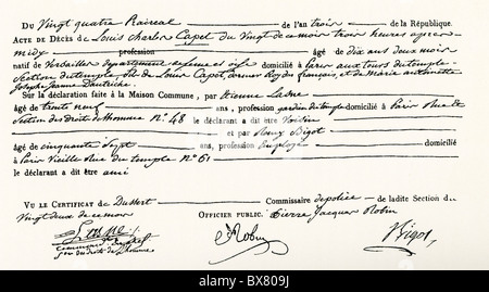 Ce certificat de décès du dauphin (Louis XVII) est daté du prairial an III (12 juin 1795) et déclare qu'il est mort le 8 juin. Banque D'Images