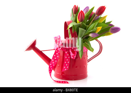 Arrosoir rose décorative avec tulipes bouquet joyeux Banque D'Images