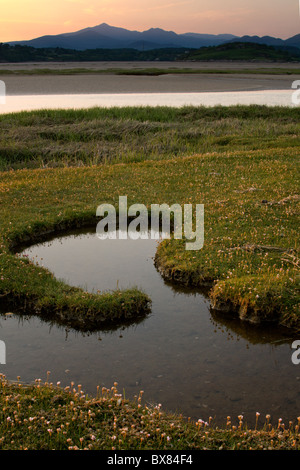 Le soleil se couche derrière la péninsule de Lleyn, vue des marais salants de l'Afon Dwyryd Banque D'Images