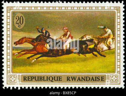 Timbre-poste représentant du Rwanda horseracing Banque D'Images