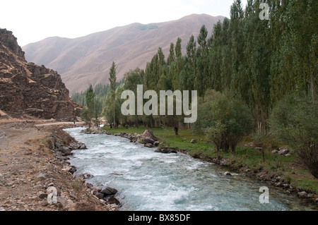 La rivière Mukus s'écoulant sous les montagnes Zagros près du village kurde de Behcesaray dans la région sud-est de l'Anatolie, dans la province de Van, en Turquie. Banque D'Images