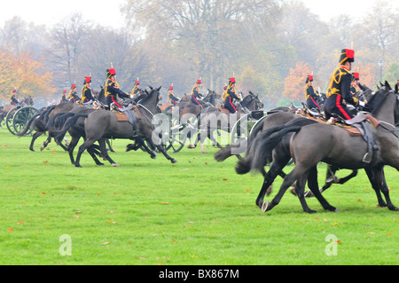 Des troupes du roi, Royal Horse Artillery, Hyde Park, Londres après le tir en salve célébration de l'anniversaire du Prince Charles Banque D'Images