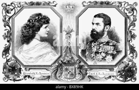 Carol I, 20.4.1839 - 10.10.1914, roi de Roumanie 1881 - 1914, portrait, avec sa femme Elisabeth, gravure de bois, fin du XIXe siècle, Banque D'Images