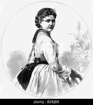 Hauk, Minnie Amélie, 16.11.1851 - 6.2.1929, chanteuse américaine d'opéra, mi-longueur, gravure sur bois, publiée en 1870, Banque D'Images