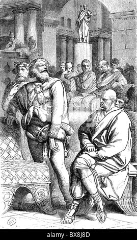 Monde antique, Empire romain, politique, les envoyés frisons Malorix et Verritus devant le Sénat romain au Théâtre Pompey de Rome, 58 AD, gravure en bois, 19e siècle, romains, sénateurs, germanique, frisons, 1er siècle, historique, historique, antiquité, monde antique, gens, droits additionnels-Clearences-non disponible Banque D'Images