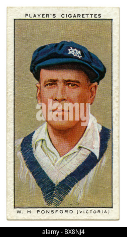 1934 carte de cigarette avec portrait de joueur de cricket de Bill Ponsford de Victoria et l'Australie Banque D'Images