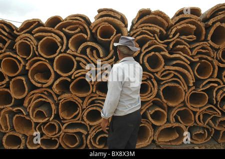 Un agriculteur l'inspection des morceaux d'écorce de chêne-liège de arbre dans Portugal Banque D'Images