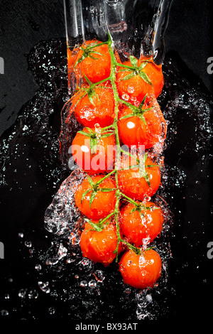 Branche de tomates dans les projections d'eau Banque D'Images