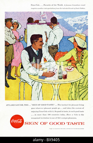 Coca Cola classique avec de la peinture couleur annonce Canadian Resort Lake Louise par artiste Jack Potter dans le magazine américain Banque D'Images