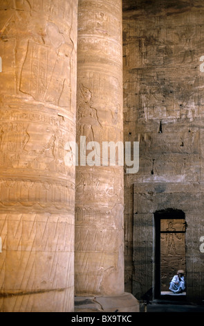 Colonnes avec hiéroglyphes Horus représenté au Temple d'Edfou, Edfou, Egypte. Banque D'Images