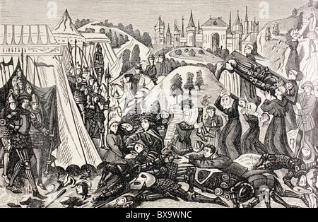 Après la bataille de Hastings, le 14 octobre 1066, la famille des vaincus viennent d'emporter leurs morts. Banque D'Images