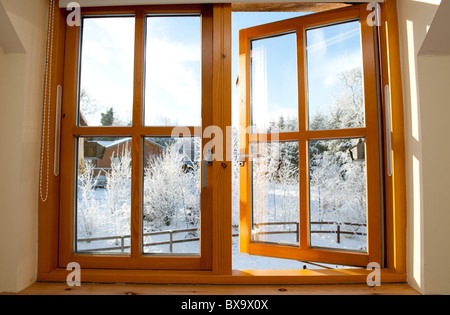 Tôt le matin d'hiver givré voir à travers une fenêtre. Banque D'Images