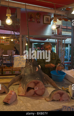 Décrochage du poisson au Mercato di Ballaro market district Albergheria centre de Palerme Sicile Italie Europe Banque D'Images
