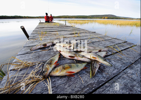 Poisson mort couché sur jetty, mère avec fils de pêche dans l'arrière-plan Banque D'Images