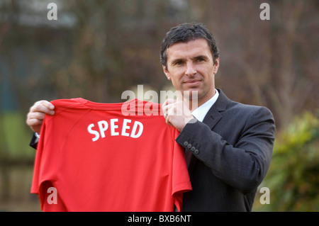 Gary Speed est dévoilé comme Manager de l'Équipe nationale de football gallois au cours d'une conférence de presse à l'hôtel Vale à Cardiff. Banque D'Images