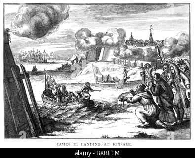 Le roi Jacques II, à l'atterrissage à Kinsale, mars 1689, Irlande ; noir et blanc Illustration ; Banque D'Images