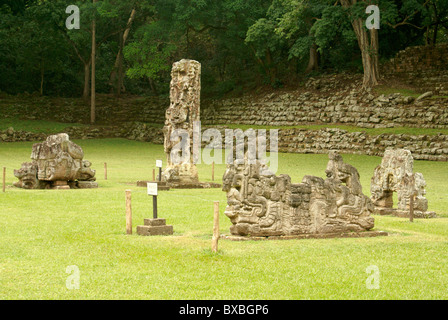 Stela et des autels dans le jardin de sculptures au les ruines Maya de Copan, Honduras. Copan est un UNESCO World Heritage Site. Banque D'Images