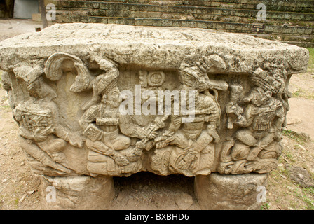 Autel Q montrant les 16 chefs de la ville maya de Copan, les ruines de Copan, Honduras Banque D'Images