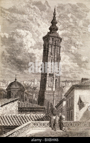 La Torre Nueva ou inclinada à Saragosse, Espagne au 19e siècle. Construit au 16ème siècle, la tour fut démolie en 1892. Banque D'Images