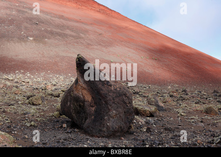 Bombe volcanique en face de Montaña Colorada volcan, Lanzarote, Canary Islands, Spain, Europe Banque D'Images