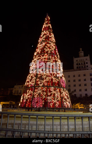 Lumières de Noël, Malaga La ville de Malaga, Andalousie, Espagne, Costa del Sol, de nuit, nuit, nuit, paysage urbain, arbre, cone Banque D'Images