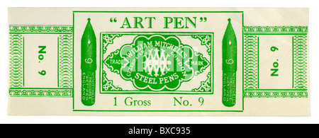 Vieille boîte en acier brut pour une étiquette de plumes à écrire - le numéro 9 de "l'Art pen' fabriqués par William Mitchell de Londres, c.1900 Banque D'Images