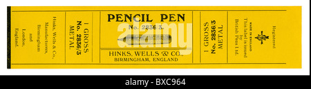 Vieille boîte en acier brut pour une étiquette de plumes à écrire - le crayon 'plume' fabriqués par Hinks, Wells & Co de Birmingham, c.1900 Banque D'Images