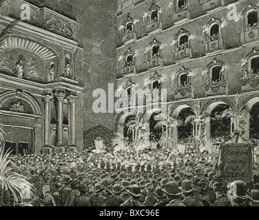 Sérénade par les sociétés chorales étant donné la nuit du 28 mai en raison de la visite de la reine régente Marie-christine à Montserrat. Banque D'Images