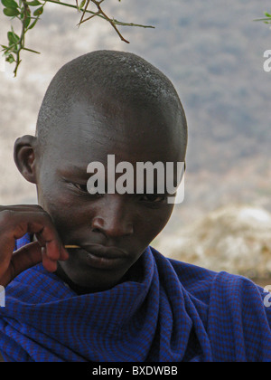 Un jeune guerrier Massaï surveille ses accusations attentivement au village de Laiboni en Tanzanie du nord. Banque D'Images