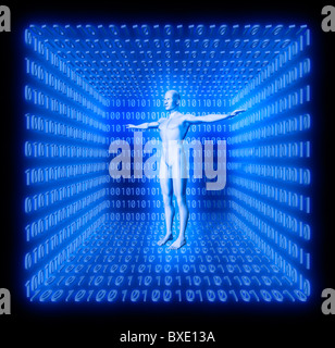 L'homme en bleu prix en code binaire. Concept de digital world, monde futur, avatar, l'artificialité etc. Banque D'Images