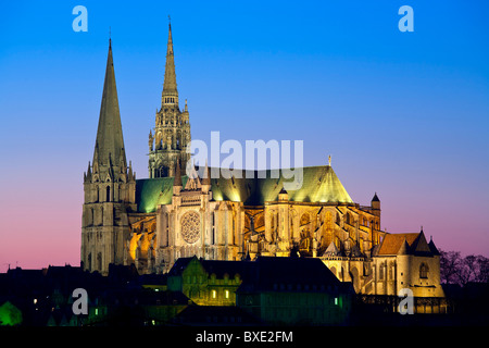 La cathédrale de Chartres est éclairée la nuit Banque D'Images