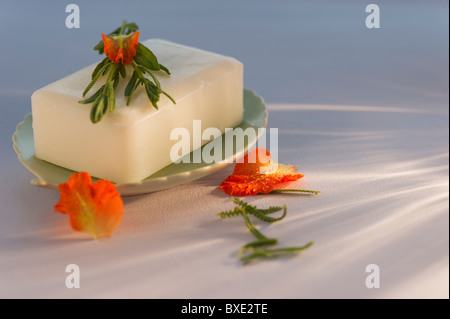 Barre de savon et pétales gladiola Banque D'Images