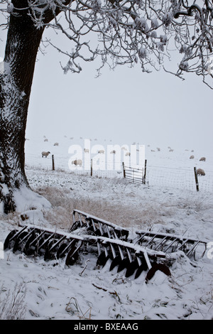 La neige a couvert les machines agricoles adjacentes à un champ un mouton, près de Ragdon Lane, Church Stretton, Shropshire Banque D'Images