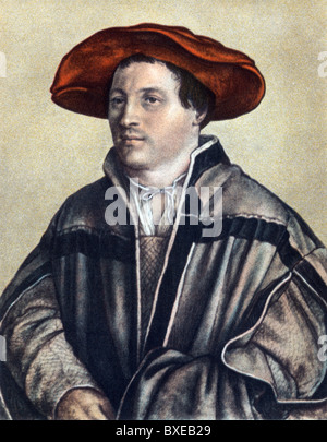 Sketch par Hans Holbein le Jeune, un auto portrait ; l'artiste à l'âge de 26 ans ; illustration couleur ; Banque D'Images