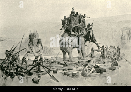 Général carthaginois Hannibal Barca ont traversé les Alpes, avec son armée et les éléphants, en Italie en 216 avant J.-C. à combattre les Romains. Banque D'Images