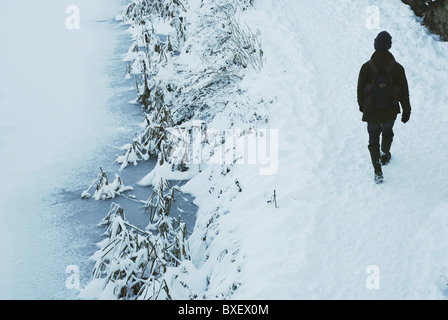 Une personne marchant dans les conditions hivernales sur un sentier de remorquage recouvert de neige. Grand Western Canal à Sampford Peverell, Tiverton, Devon. Banque D'Images