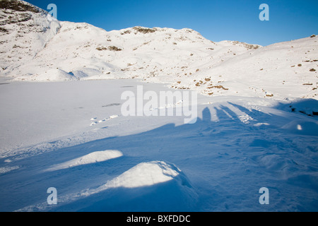 Easedale Tarn au-dessus de Grasmere dans le Lake District, UK, gelé par une vague de froid en décembre 2010. Banque D'Images