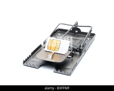 Carte SIM sur le mousetrap isolé sur un fond blanc. Banque D'Images