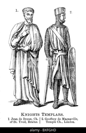 Templiers ; Jean de Dreux (John Braine) et Geoffrey de Magnaville ; 12e siècle ; noir et blanc Illustration ; Banque D'Images