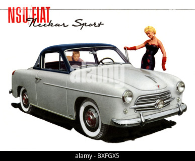 Transport / transport, voitures, variantes de véhicule, Fiat, femme posant avec la voiture, la publicité pour Neckar Sport par NSW Fiat, Allemagne, vers 1955, droits additionnels-Clearences-non disponible Banque D'Images